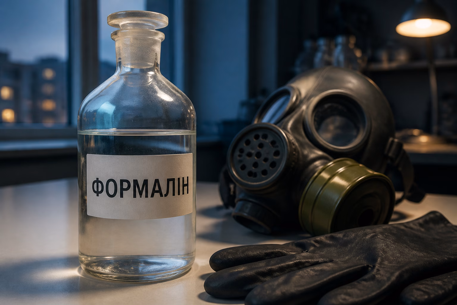 Лабораторна колба з формаліном та засоби захисту
