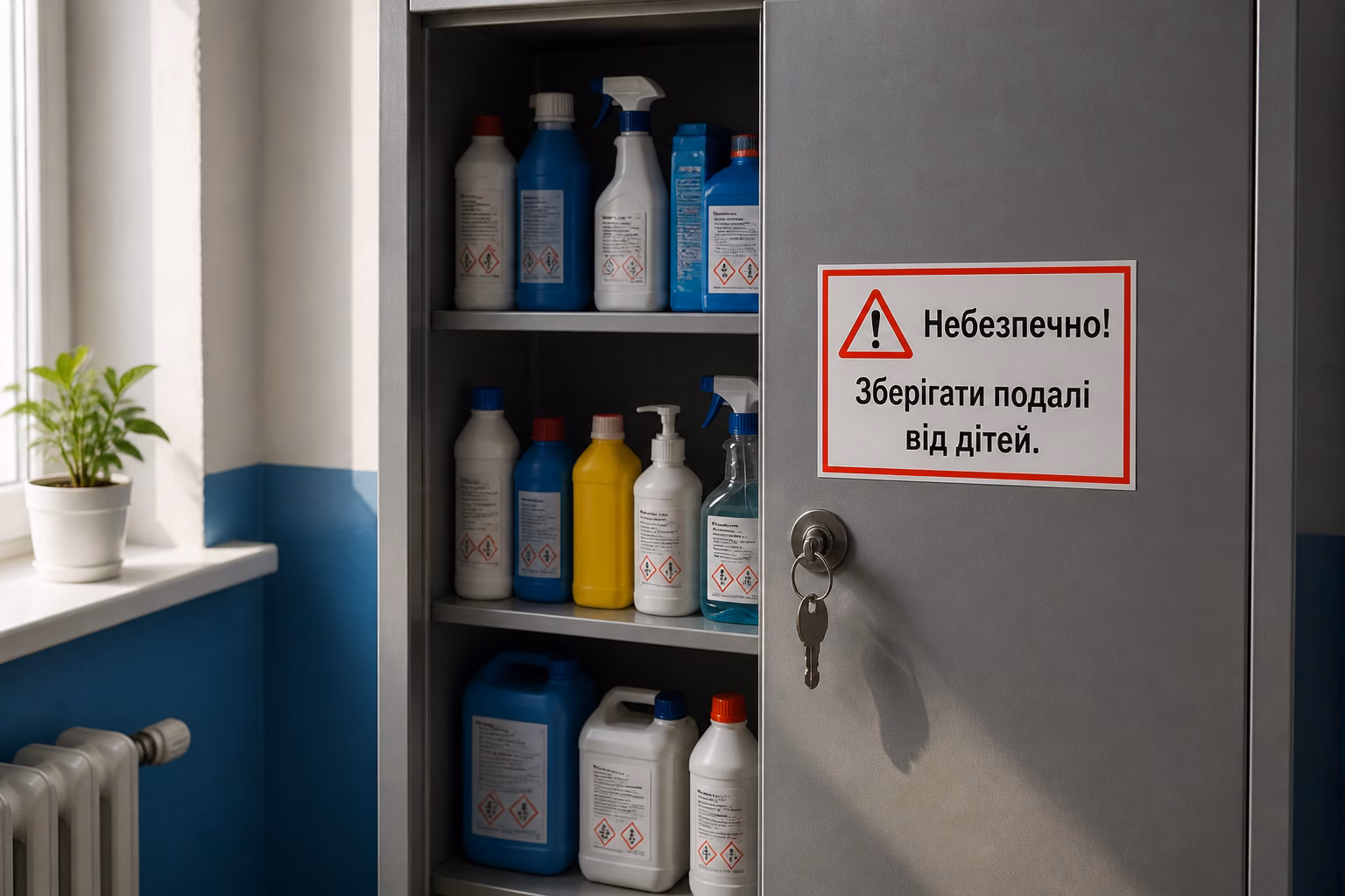 Шафа з побутовою хімією, закрита на ключ