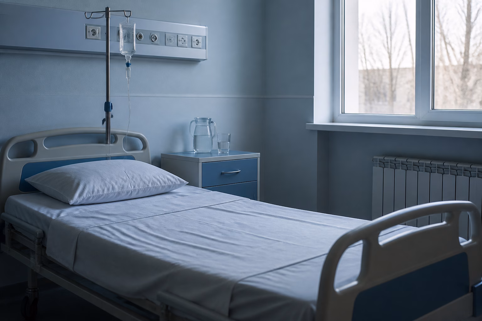 Лікарняна палата з крапельницею та порожнім ліжком, спокійна атмосфера