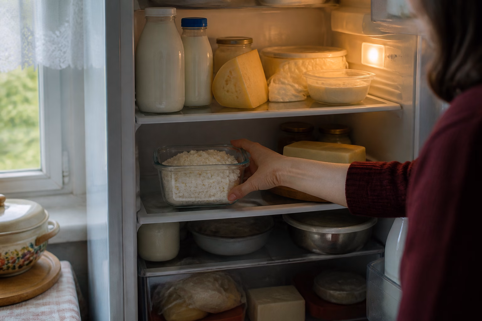 Відкритий холодильник з молочними продуктами, рука бере скляний контейнер із сиром