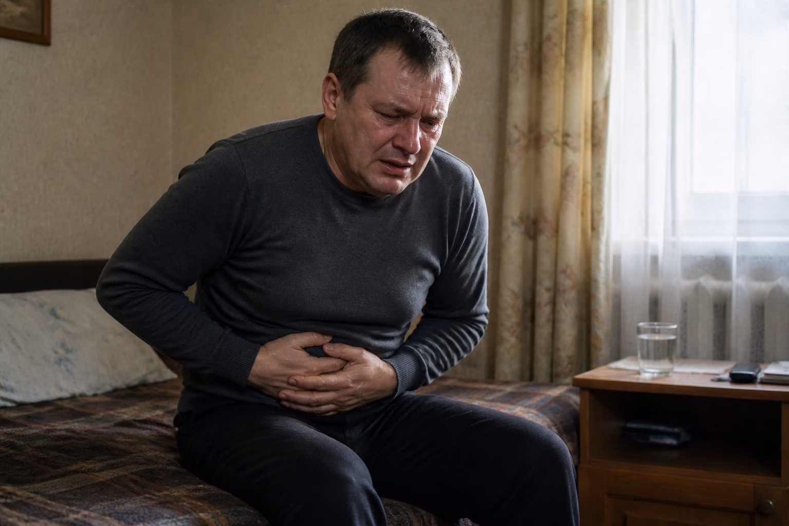 Чоловік тримається за живіт від болю, сидячи на ліжку