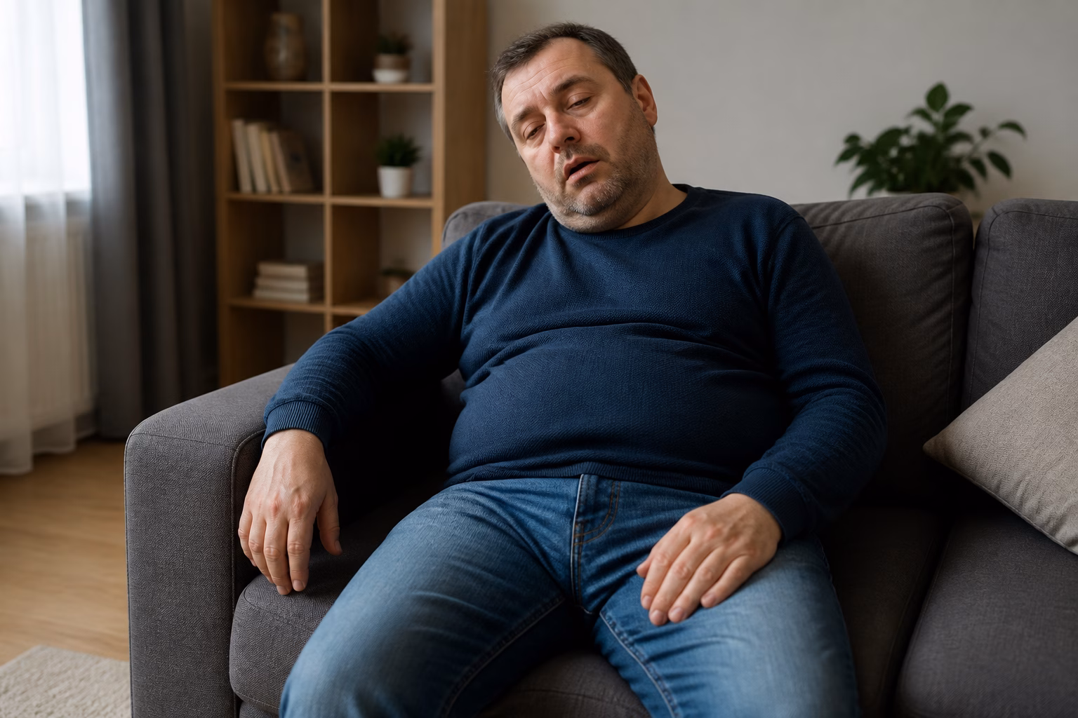 Чоловік на дивані з ознаками сонливості та слабкості, що ілюструє симптоми передозування