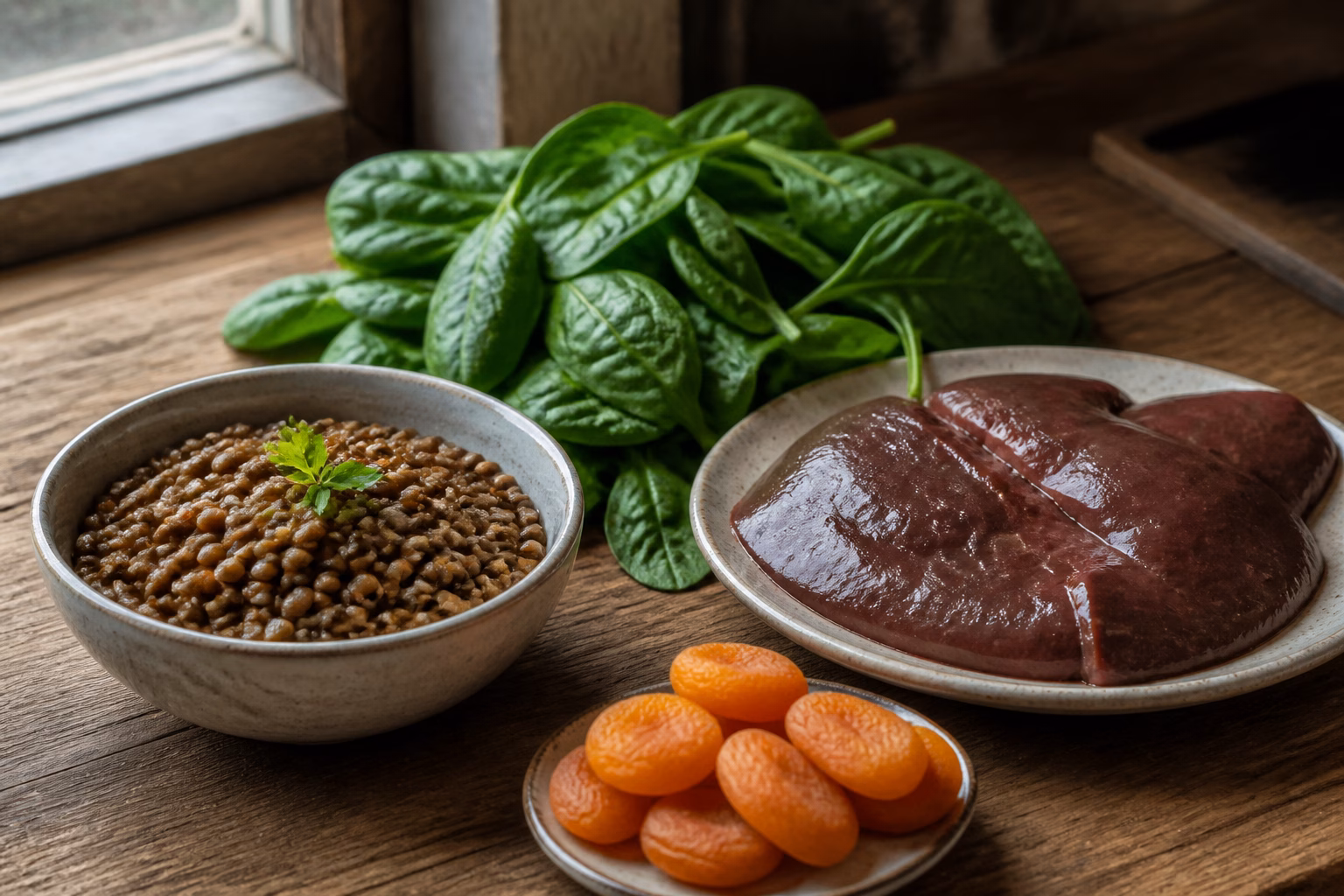 Продукти, багаті на залізо: сочевиця, шпинат, печінка та курага