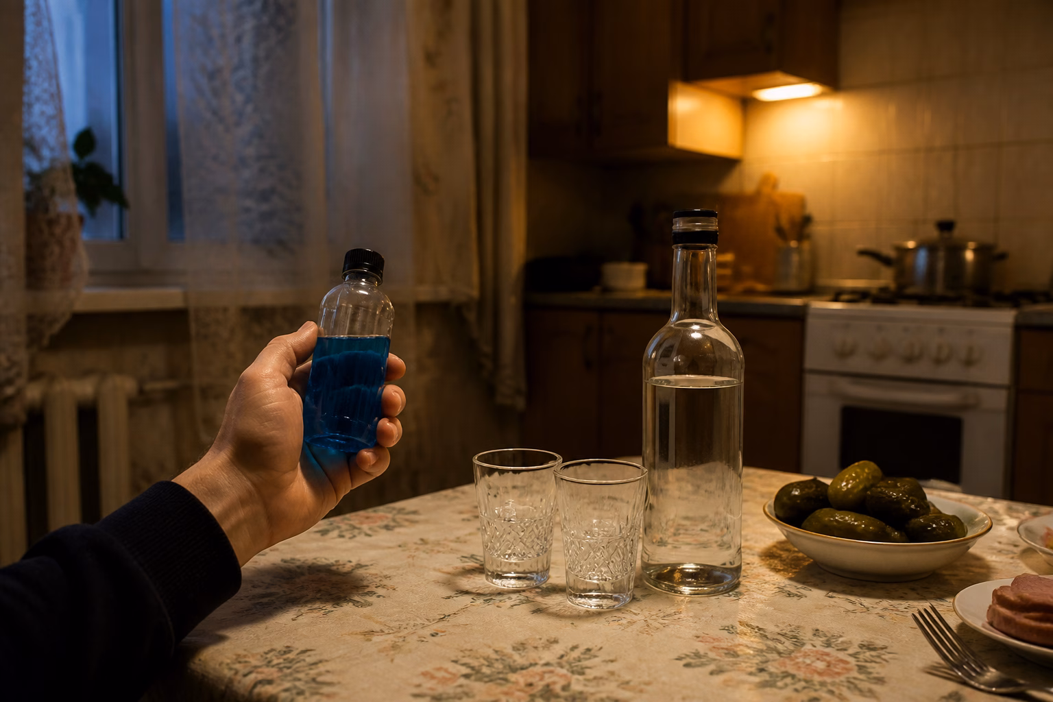 Рука тримає пляшку з антифризом поряд із горілкою на кухні