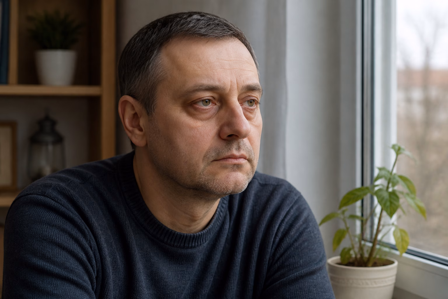 Чоловік із блідою шкірою та втомленим виглядом, що може свідчити про хронічну інтоксикацію