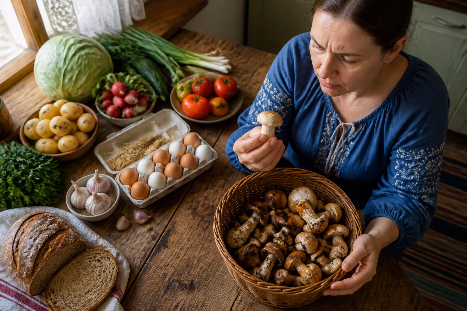 Жінка перевіряє свіжість грибів на кухні, остерігаючись харчового отруєння