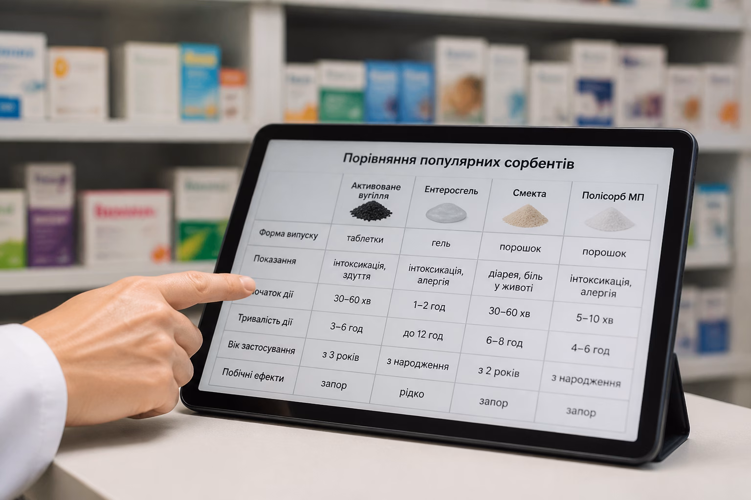 Порівняння сорбентів на планшеті в аптеці