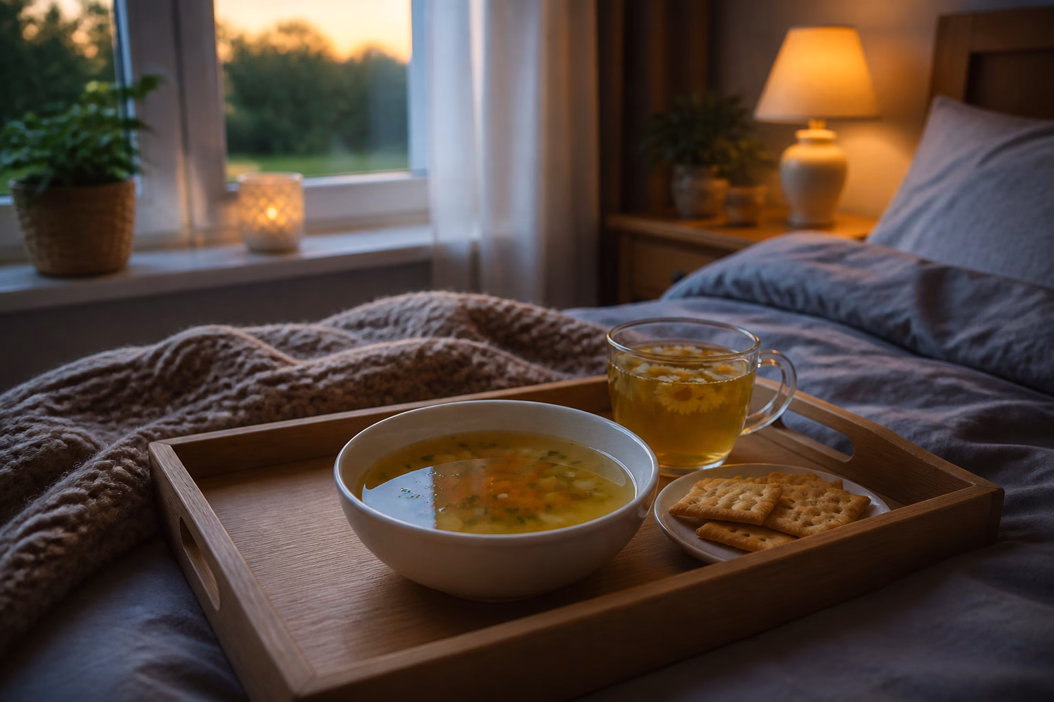 Легкий овочевий бульйон, ромашковий чай і сухарики на таці для відновлення після промивання