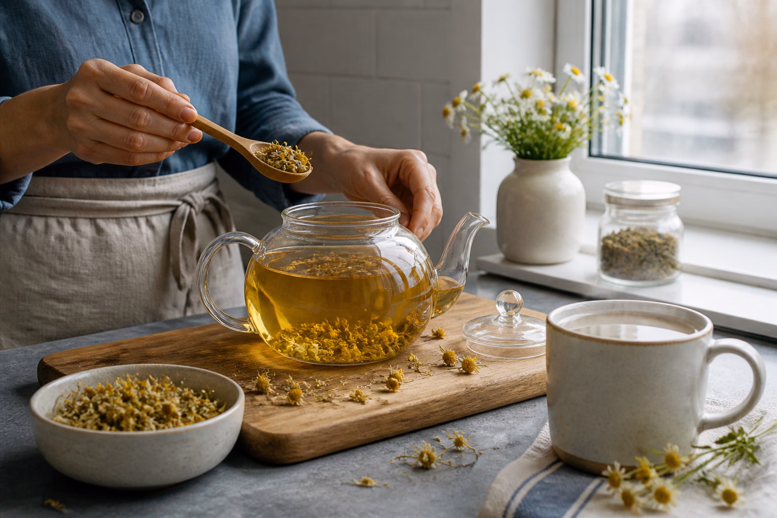 Скляний чайник із золотистим ромашковим чаєм, розсипані сухі квіти ромашки на дерев'яній дошці, керамічна чашка з паруючим чаєм.
