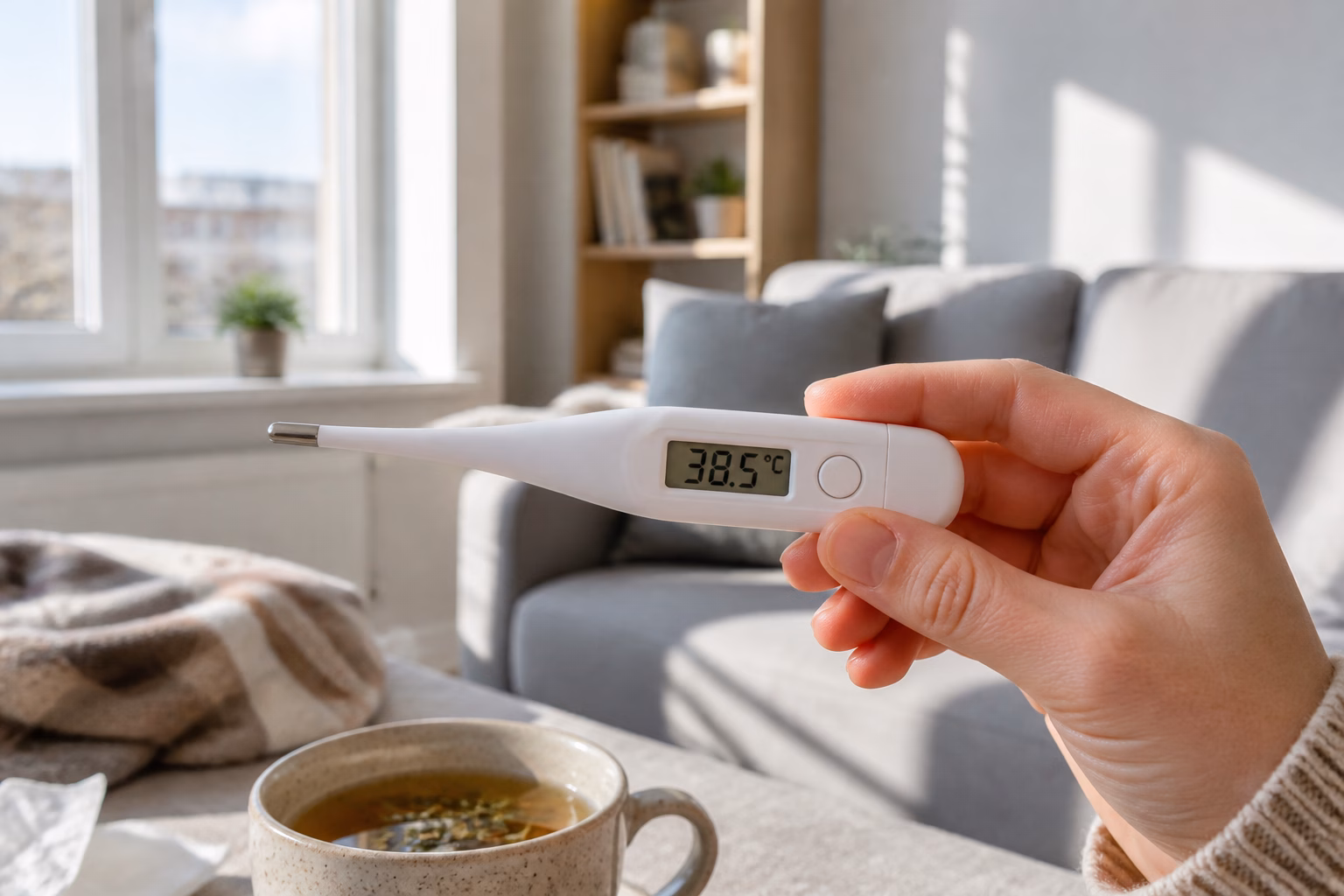 Рука тримає електронний термометр з показником 38.5°C на тлі вітальні