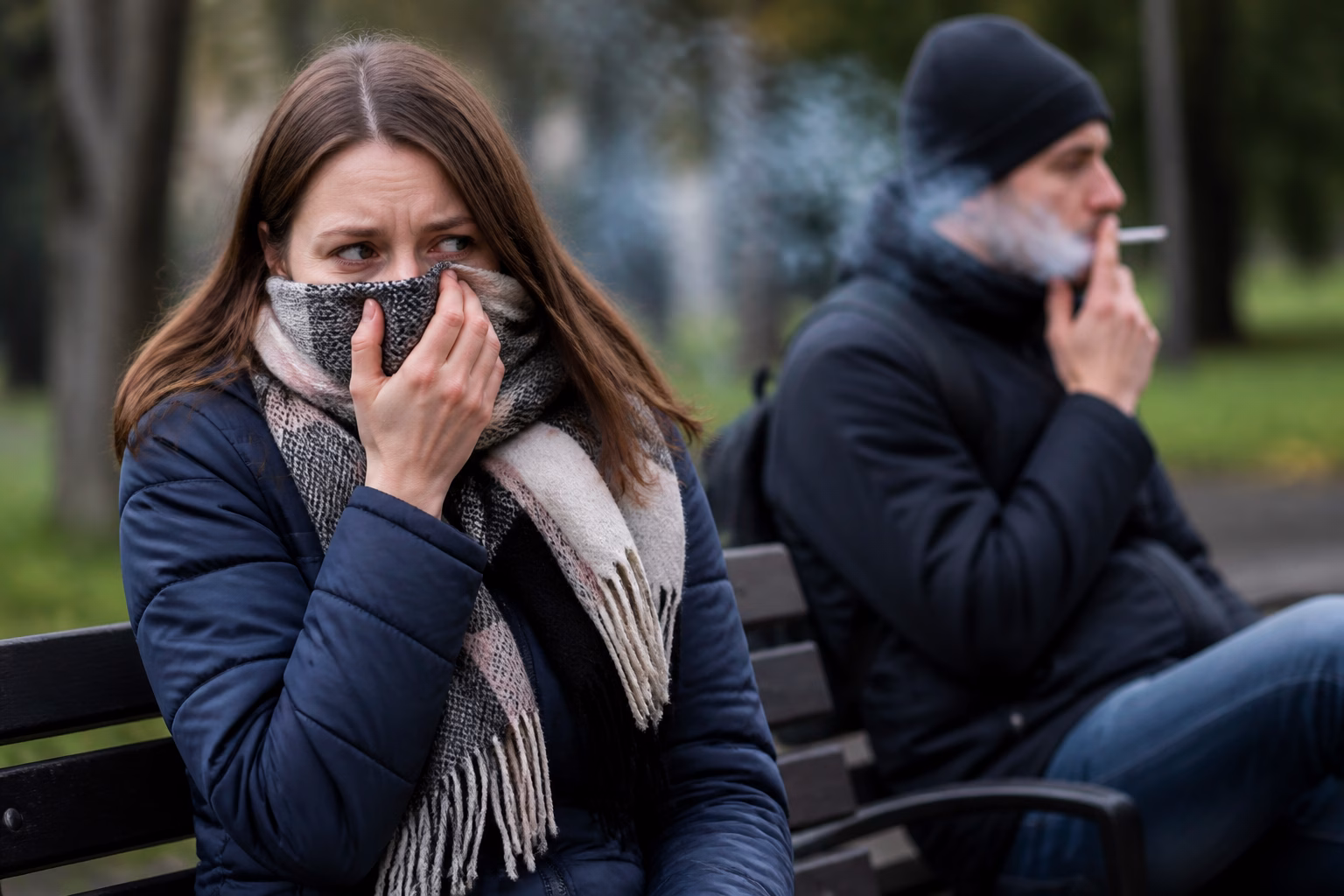 Жінка захищається від пасивного куріння в парку