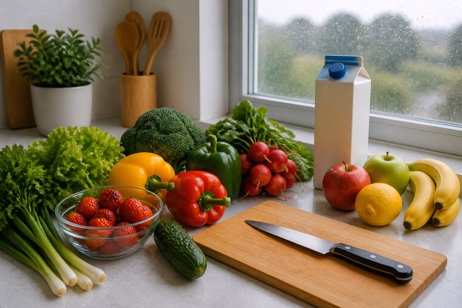 Свіжі продукти на кухонному столі як джерело безпечного харчування