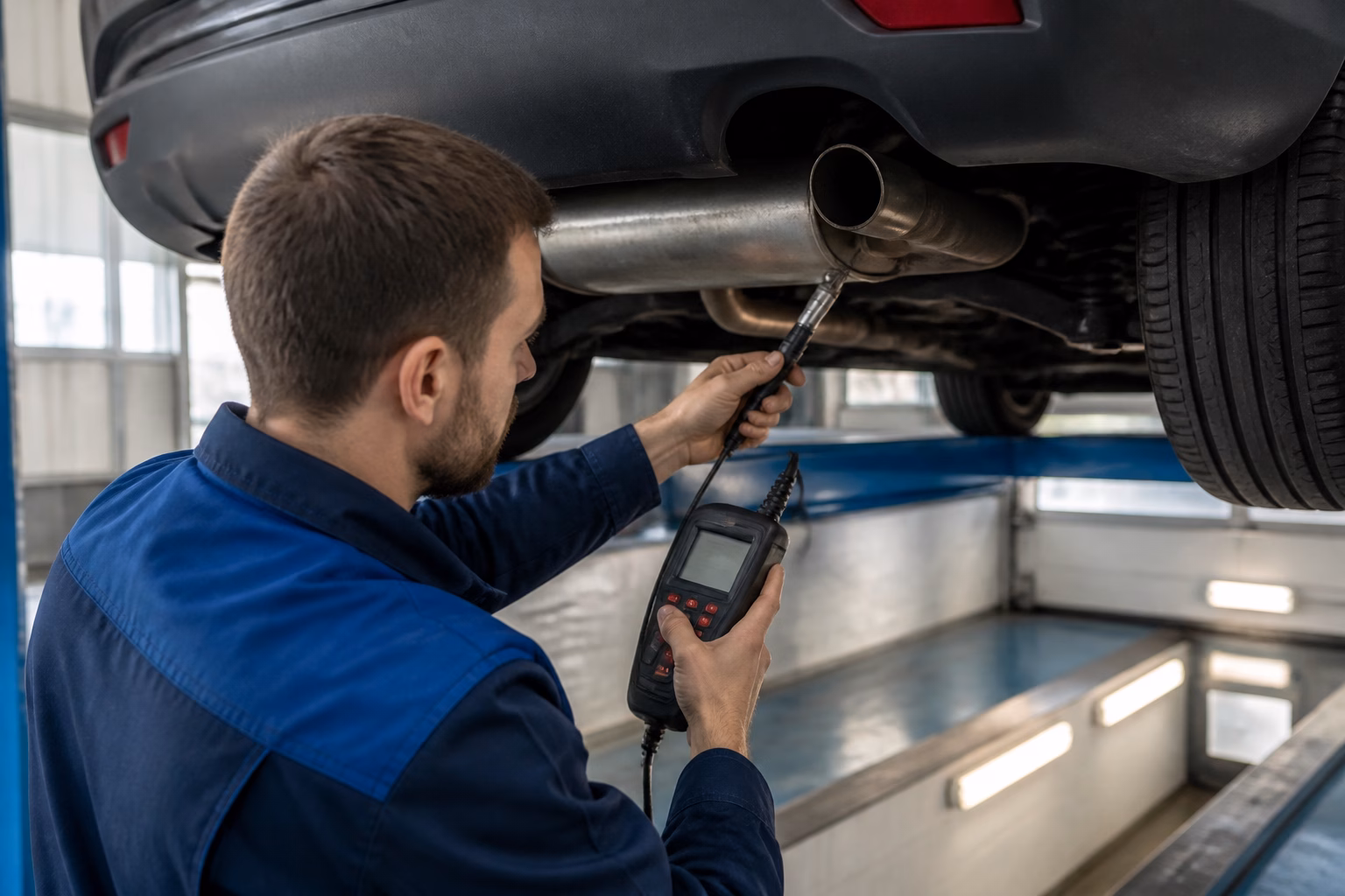 Автомеханік оглядає вихлопну систему автомобіля в майстерні