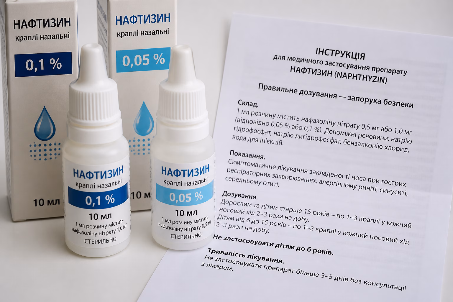 Два флакони Нафтизину з різною концентрацією 0.1% та 0.05% та інструкція із застосування.