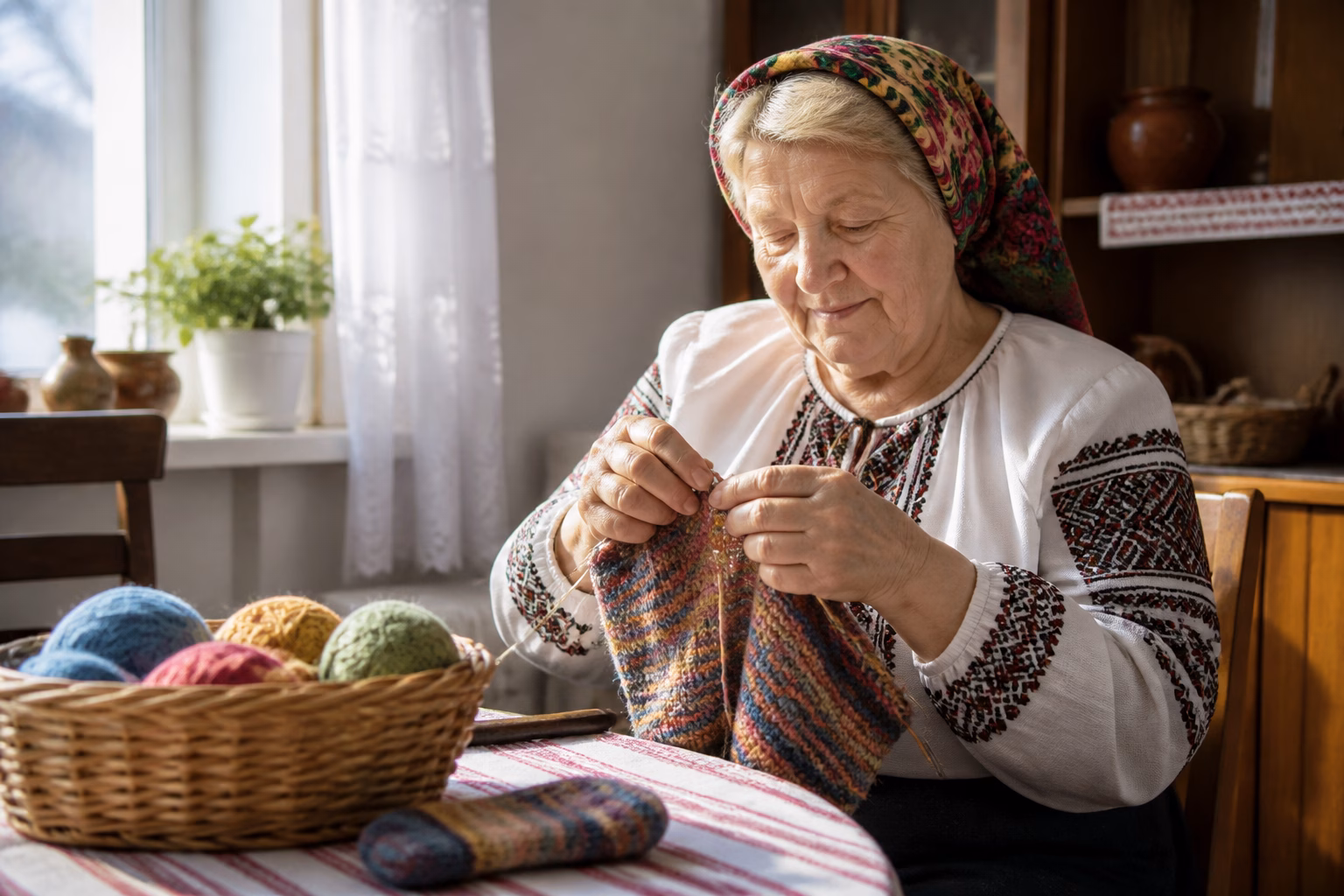 Літня жінка в'яже спицями, демонструючи гнучкість пальців і здоров'я суглобів