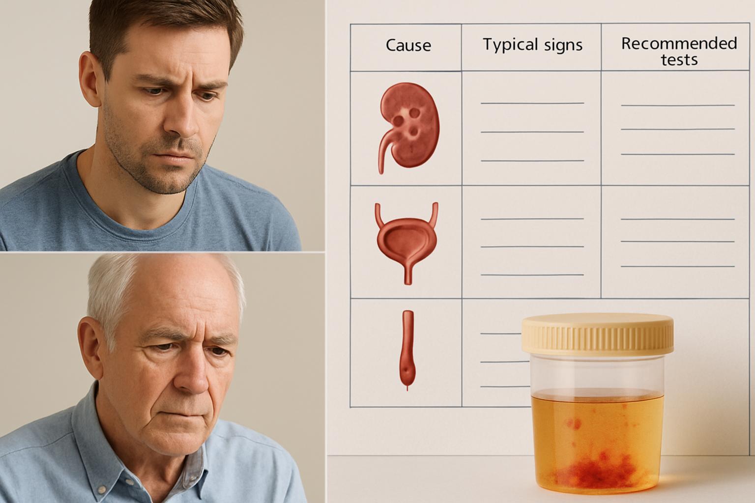 Кров у сечі у чоловіка без болю (молодого і літнього віку), причини наявності кров’яних слідів. Таблиця: причини, типові ознаки та рекомендовані дослідження Кров у сечі у чоловіка без болю (молодого і літнього віку), причини наявності кров’яних слідів. Таблиця: причини, типові ознаки та рекомендовані дослідження